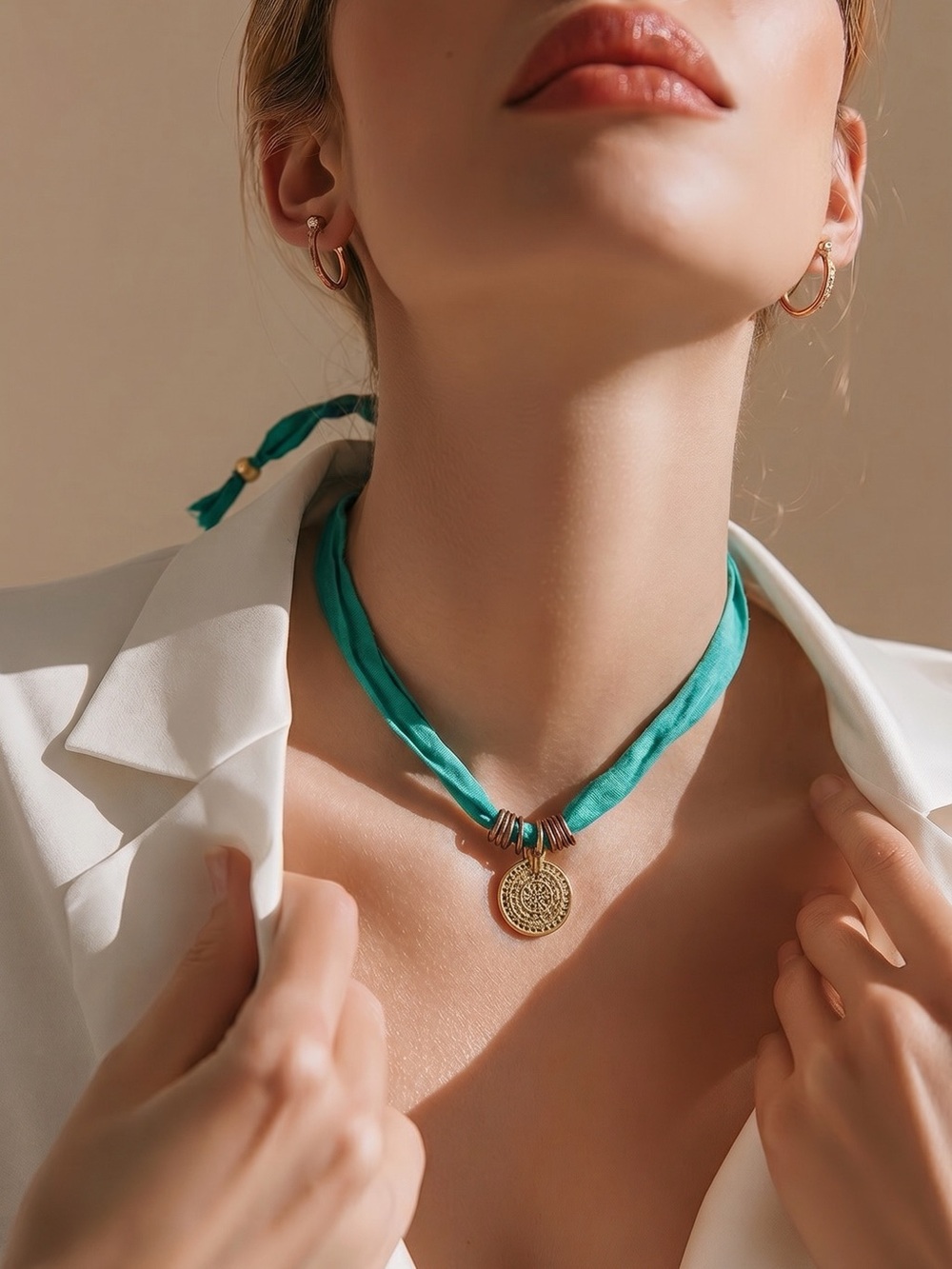 Gold Coin Pendant Necklace with Teal Fabric Cord